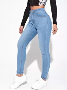 SHEIN Essnce 高腰漂白水洗緊身牛仔褲 - 淺色水洗藍 - 查看 3
