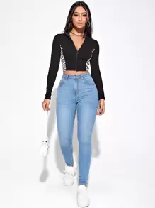 SHEIN Essnce 高腰漂白水洗緊身牛仔褲 - 淺色水洗藍 - 查看 4