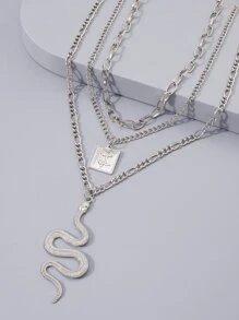 Mydear 蛇和花朵掛飾多層次項鍊 - 銀色 - 查看 2