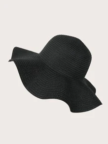 Boho Solid Summer Beach Sun Straw Hat - Black - View 1
