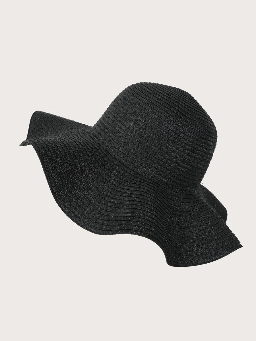 Boho Solid Summer Beach Sun Straw Hat - Black - View 1