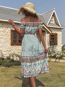 Floral Print Off Shoulder Ruffle Hem Dress - Multicolor - View 2