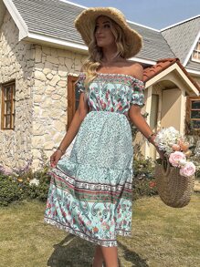 Floral Print Off Shoulder Ruffle Hem Dress - Multicolor - View 3