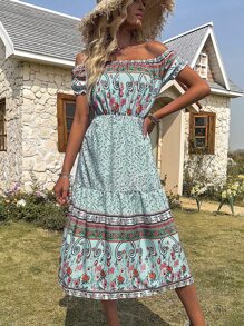 Floral Print Off Shoulder Ruffle Hem Dress - Multicolor - View 4