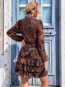 GENKIRA 佩斯利印花燈籠袖荷葉邊繫腰帶洋裝 - 彩色 - 查看 2