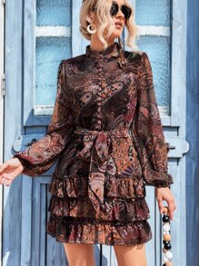 GENKIRA 佩斯利印花燈籠袖荷葉邊繫腰帶洋裝 - 彩色 - 查看 6