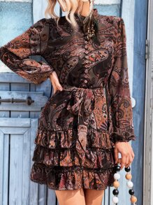 GENKIRA 佩斯利印花燈籠袖荷葉邊繫腰帶洋裝 - 彩色 - 查看 4