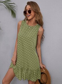 SHEIN LUNE Polka Dot Ruffle Hem Dress - Green - View 1