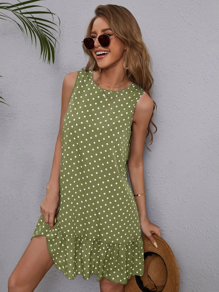 SHEIN LUNE Polka Dot Ruffle Hem Dress - Green - View 1