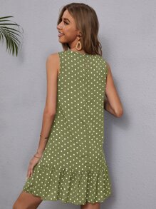 SHEIN LUNE Polka Dot Ruffle Hem Dress - Green - View 2