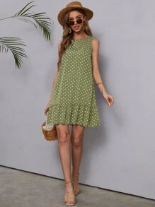 SHEIN LUNE Polka Dot Ruffle Hem Dress - Green - View 3