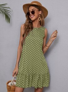 SHEIN LUNE Polka Dot Ruffle Hem Dress - Green - View 4