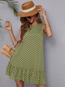 SHEIN LUNE Polka Dot Ruffle Hem Dress - Green - View 5