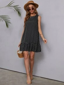 EMERY ROSE Polka Dot Ruffle Hem Dress,Tea Party Dress,Summer Dresses For Women