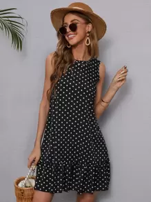 EMERY ROSE Polka Dot Ruffle Hem Dress,Tea Party Dress,Summer Dresses For Women