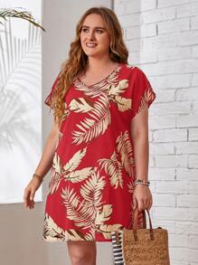 EMERY ROSE Plus Batwing Sleeve Tropical Print Dress - Red - View 4