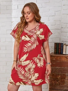 EMERY ROSE Plus Batwing Sleeve Tropical Print Dress - Red - View 1