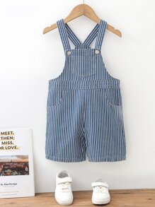小男童條紋圖案補丁貼口袋牛仔連體短褲 - 中等水洗藍 - 查看 1