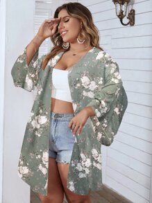 SHEIN Swim Curve Plus Size Floral Print Batwing Sleeve Chiffon Kimono Summer - Green - View 1