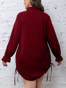 Calvaya Đầm Plus Size Dây kéo Xù Nút phía trước màu trơn Thanh lịch - Màu Đỏ Sâu - Xem 2