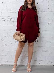 Calvaya Đầm Plus Size Dây kéo Xù Nút phía trước màu trơn Thanh lịch - Màu Đỏ Sâu - Xem 3