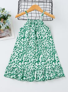 SHEIN Niñitas Vestido de tirantes con estampado de mariposa bajo con fruncido - Verde - Ver 1