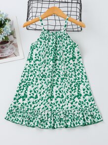 SHEIN Niñitas Vestido de tirantes con estampado de mariposa bajo con fruncido - Verde - Ver 2
