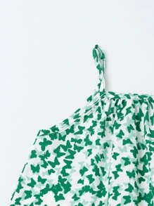 SHEIN Niñitas Vestido de tirantes con estampado de mariposa bajo con fruncido - Verde - Ver 3