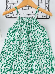 SHEIN Niñitas Vestido de tirantes con estampado de mariposa bajo con fruncido - Verde - Ver 5