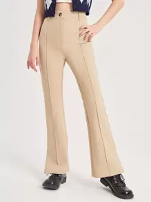 SHEIN 青少年女孩前接縫下擺開叉喇叭長褲 - 杏色 - 查看 1