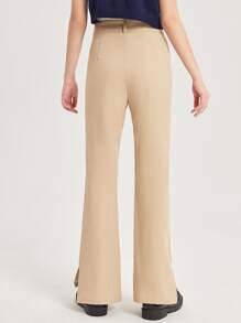 SHEIN 青少年女孩前接縫下擺開叉喇叭長褲 - 杏色 - 查看 2