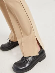 SHEIN 青少年女孩前接縫下擺開叉喇叭長褲 - 杏色 - 查看 3