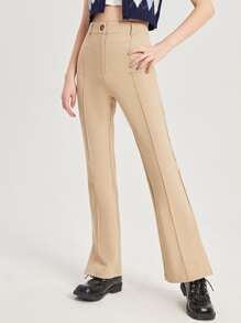 SHEIN 青少年女孩前接縫下擺開叉喇叭長褲 - 杏色 - 查看 4