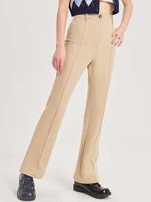 SHEIN 青少年女孩前接縫下擺開叉喇叭長褲 - 杏色 - 查看 5