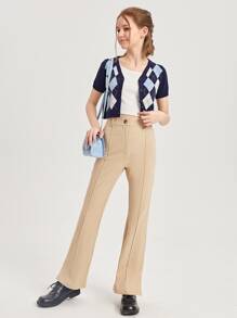 SHEIN 青少年女孩前接縫下擺開叉喇叭長褲 - 杏色 - 查看 6