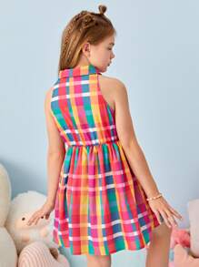 SHEIN Tween女孩子有色方格紋領無袖襯衫裙