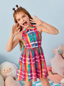 SHEIN Tween女孩子有色方格紋領無袖襯衫裙