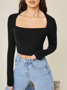 SHEIN BASICS 夏季方領長袖短款T恤，外出上衣 - 黑色 - 查看 3