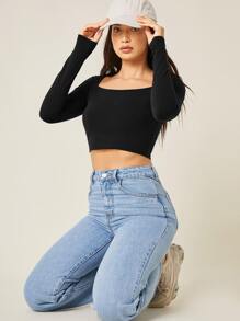 SHEIN BASICS 夏季方領長袖短款T恤，外出上衣 - 黑色 - 查看 4