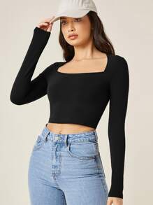 SHEIN BASICS 夏季方領長袖短款T恤，外出上衣 - 黑色 - 查看 6
