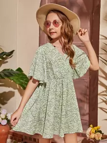 SHEIN Girls Allover Floral Print Overlap Collar Dress - Green - View 1