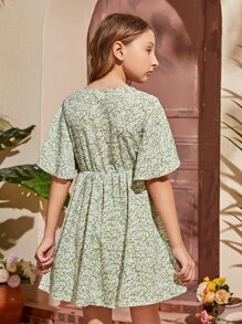 SHEIN Girls Allover Floral Print Overlap Collar Dress - Green - View 2