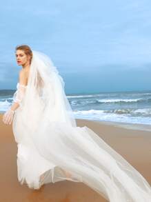 SHEIN Belle Váy cưới Xù Dây kéo màu trơn Hấp dẫn - trắng - Xem 3