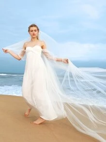 SHEIN Belle Váy cưới Xù Dây kéo màu trơn Hấp dẫn - trắng - Xem 4