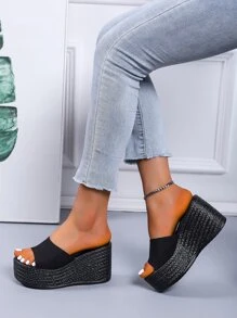 Minimalist Wedge Slide Sandals - Black - View 1