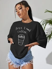 SHEIN EZwear Áo thun nữ Slogan Giải trí - màu đen - Xem 4