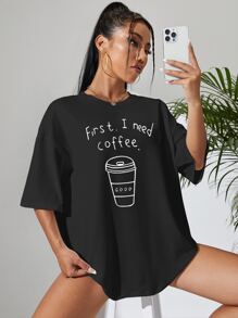 SHEIN EZwear Áo thun nữ Slogan Giải trí - màu đen - Xem 5