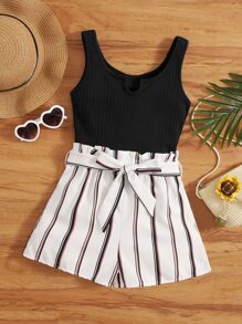 SHEIN Girls Striped Print Colourblock Paperbag Waist Belted Combo Romper - Black and White - View 1