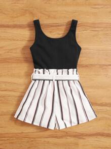 SHEIN Girls Striped Print Colourblock Paperbag Waist Belted Combo Romper - Black and White - View 2
