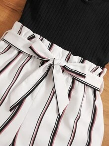 SHEIN Girls Striped Print Colourblock Paperbag Waist Belted Combo Romper - Black and White - View 3